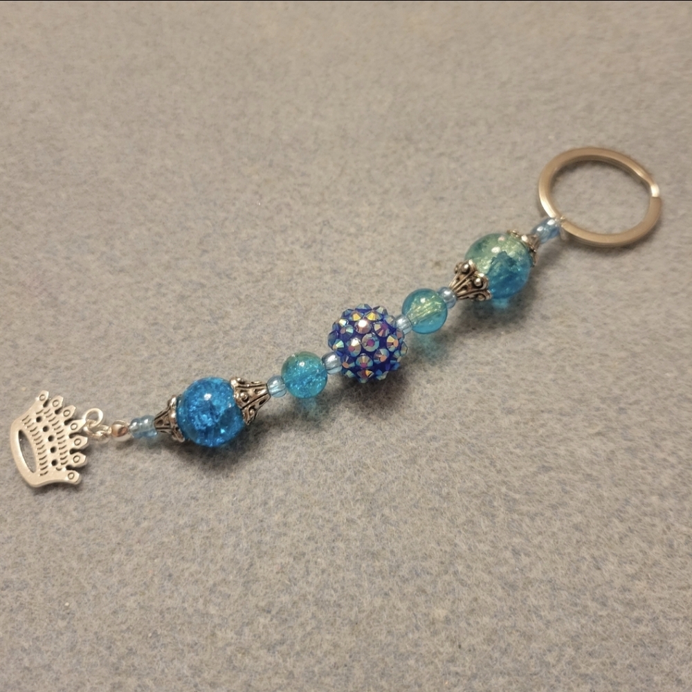 Handcrafted Silver and Blue Beaded Keychain with Silver Crown Charm